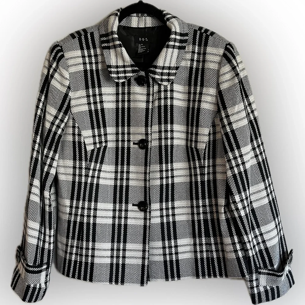 Vintage 90’s R.Q.T. Button Front Jacket Black & White Plaid Lined Collar Size 18